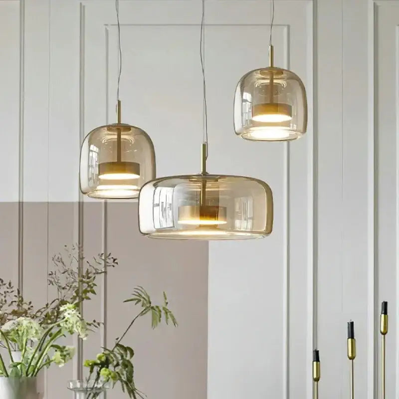Modern amber glass and brass nordic pendant light dining room