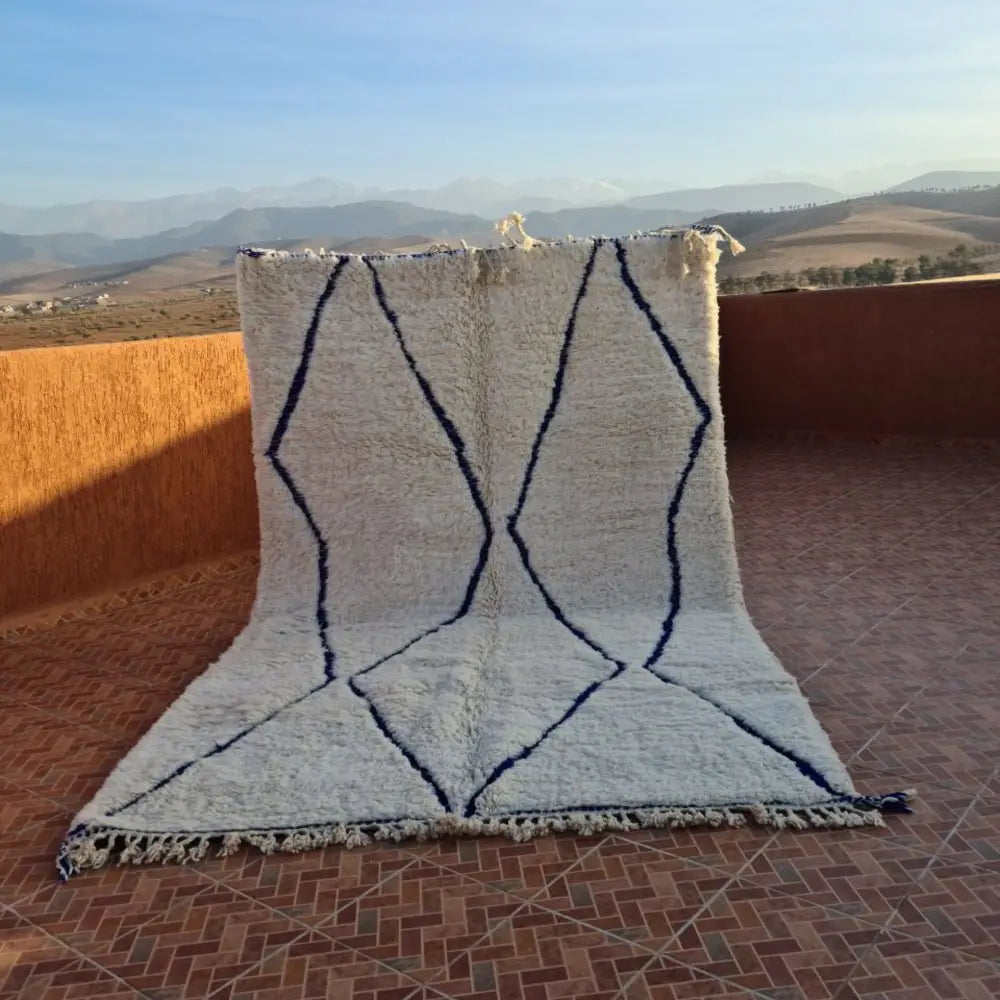Handmade amazigh rug cream & navy blue wool living room decor