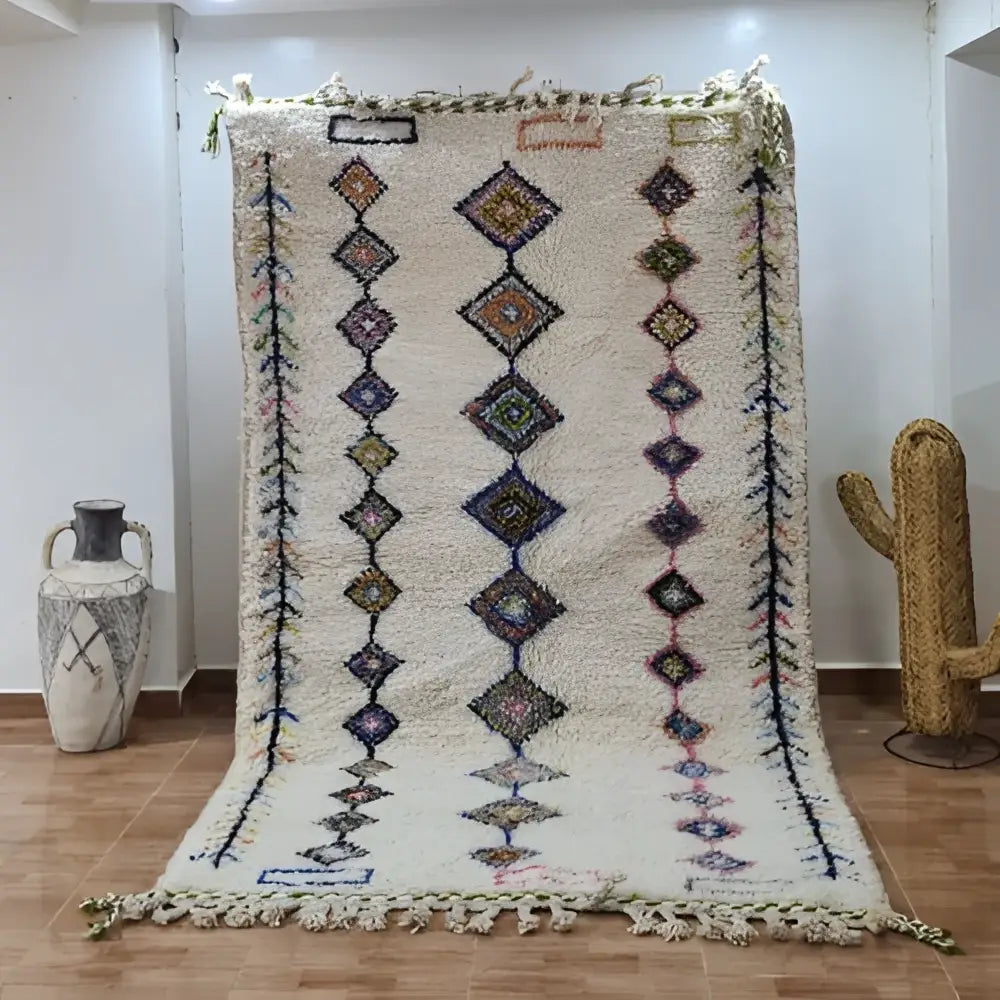 Handmade moroccan azilal rug with multicolored geometric motifs bedroom