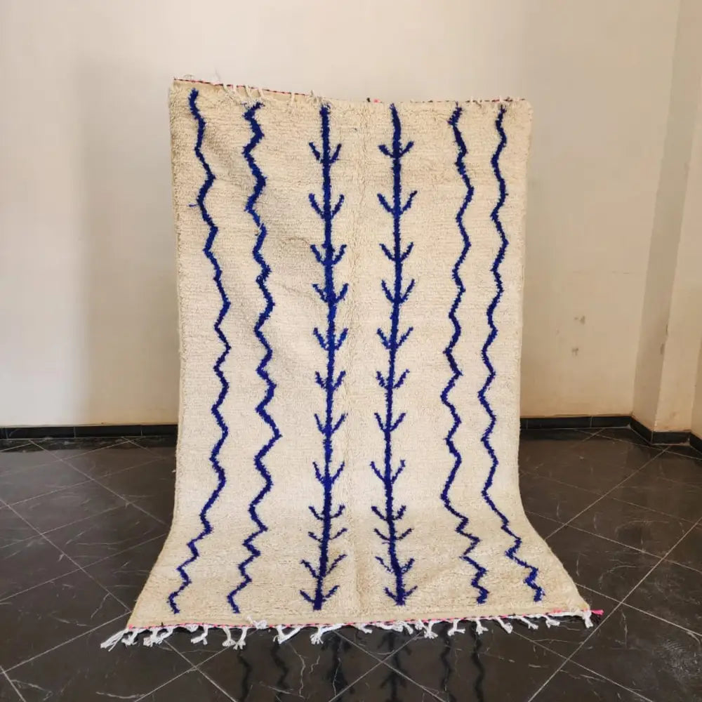 Handmade moroccan azilal rug cream & blue zigzag bedroom decor