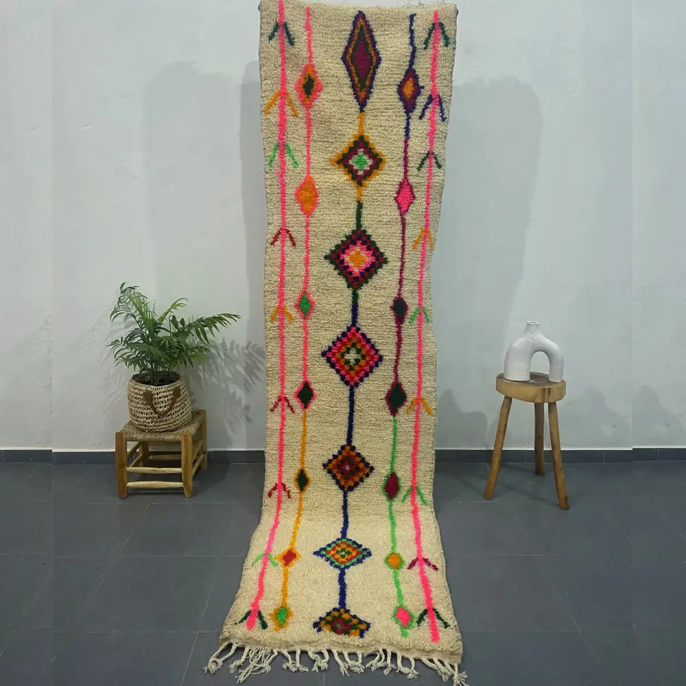 Cream geometric moroccan handmade azilal rug bedroom runner