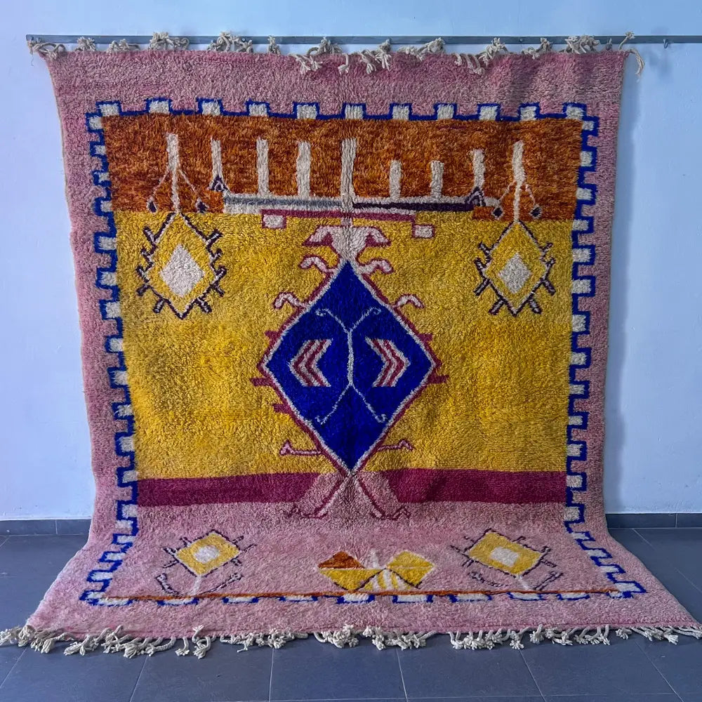 Pink & yellow moroccan handmade beni ouarain rug living room decor