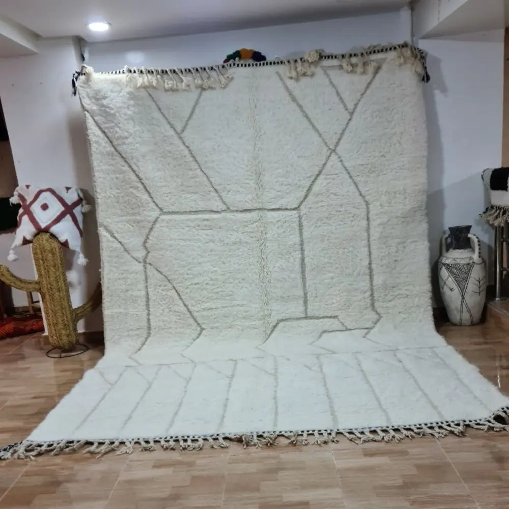 Handmade beni ouarain rug cream & gray geometric bedroom decor