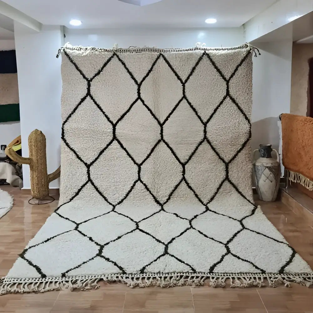 Handmade beni ouarain moroccan rug cream & black bedroom decor