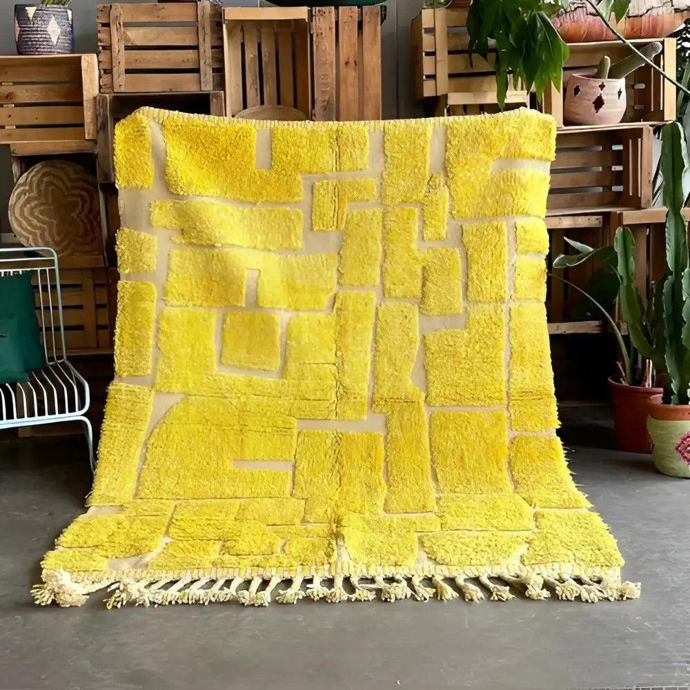 Handmade beni ouarain yellow & cream rug living room decor