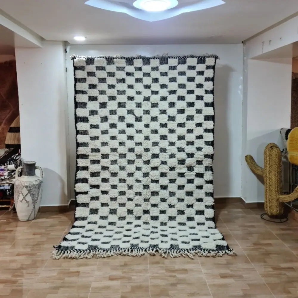 Black and white checkered moroccan handmade blessed beni ourain rug bedroom