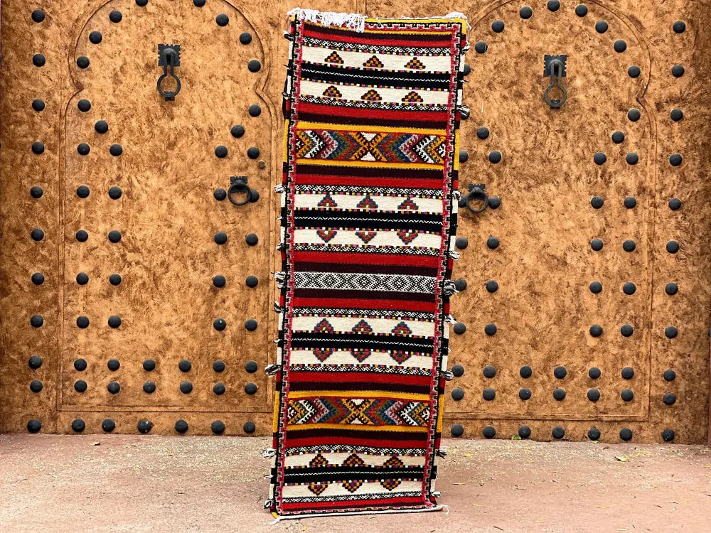 Vibrant geometric moroccan handmade taznakht rug bedroom runner