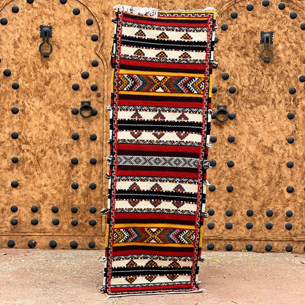 Vibrant geometric moroccan handmade taznakht rug bedroom runner