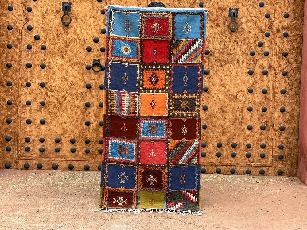 Vibrant patchwork moroccan handmade taznakht rug bedroom runner