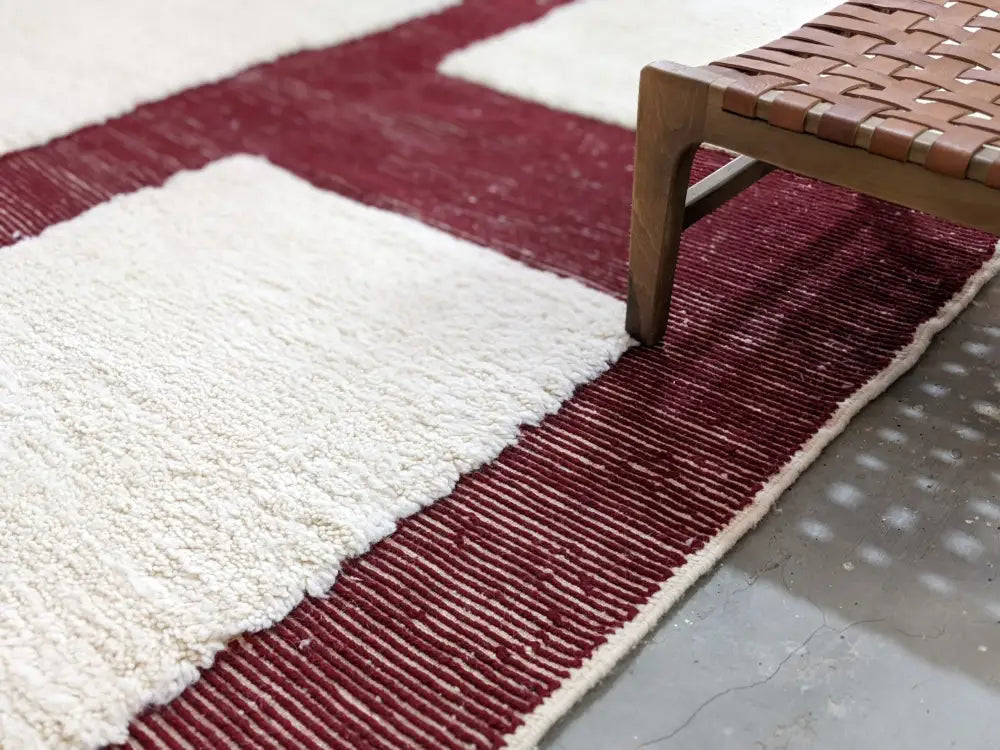 Handmade beni ouarain cream & burgundy wool rug living room decor