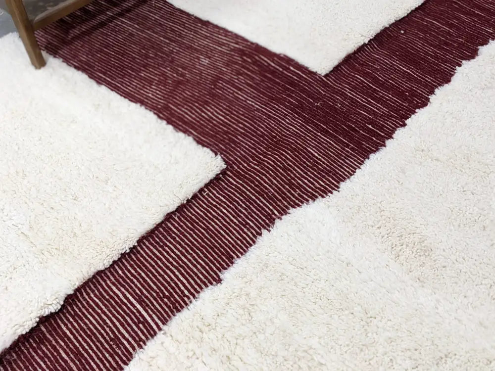 Handmade beni ouarain cream & burgundy wool rug living room decor