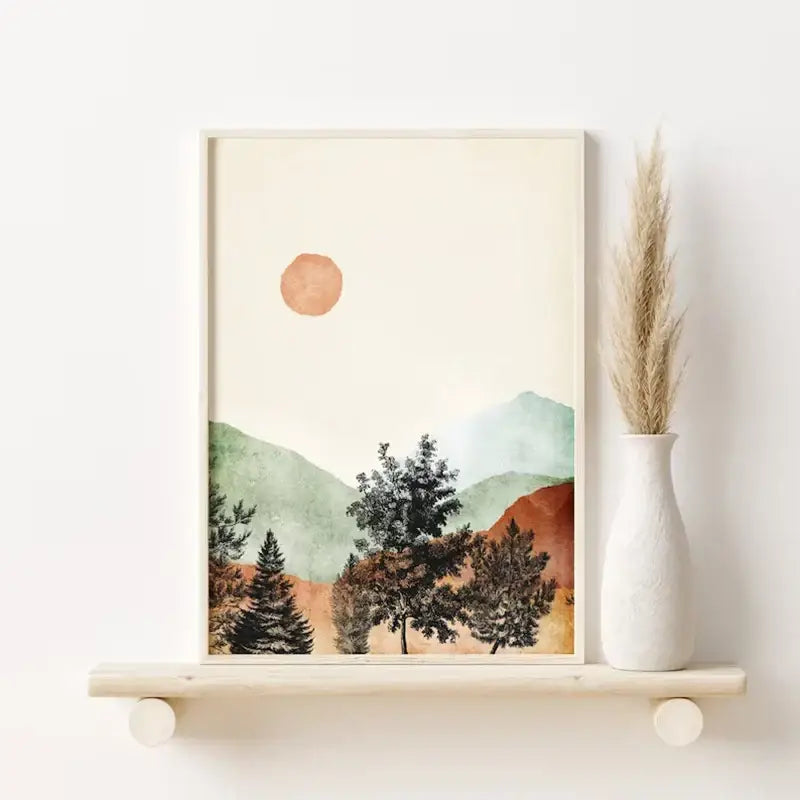 Watercolor mountain wall art set with wood frames for bedroom