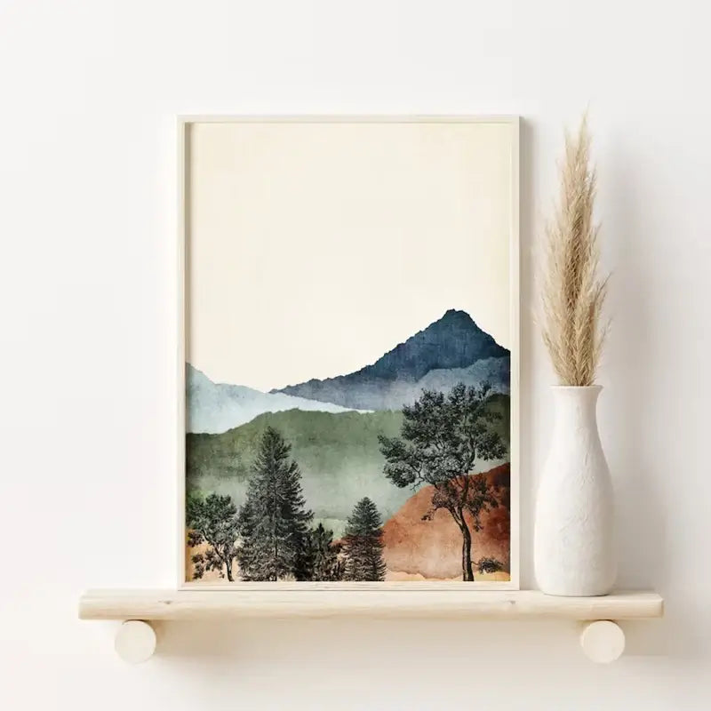Watercolor mountain wall art set with wood frames for bedroom