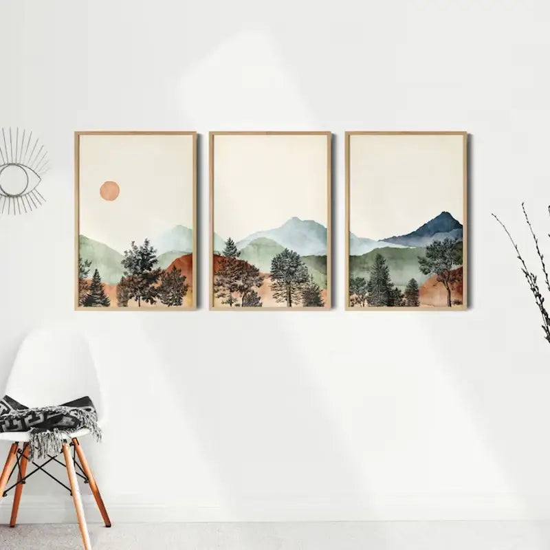 Watercolor mountain wall art set with wood frames for bedroom