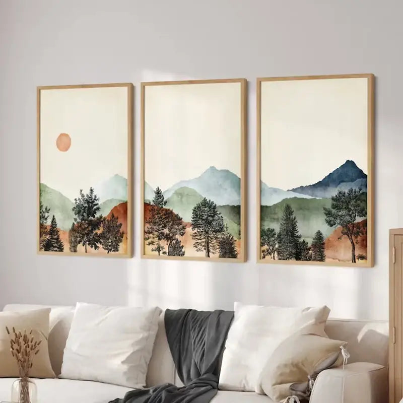 Watercolor mountain wall art set with wood frames for bedroom