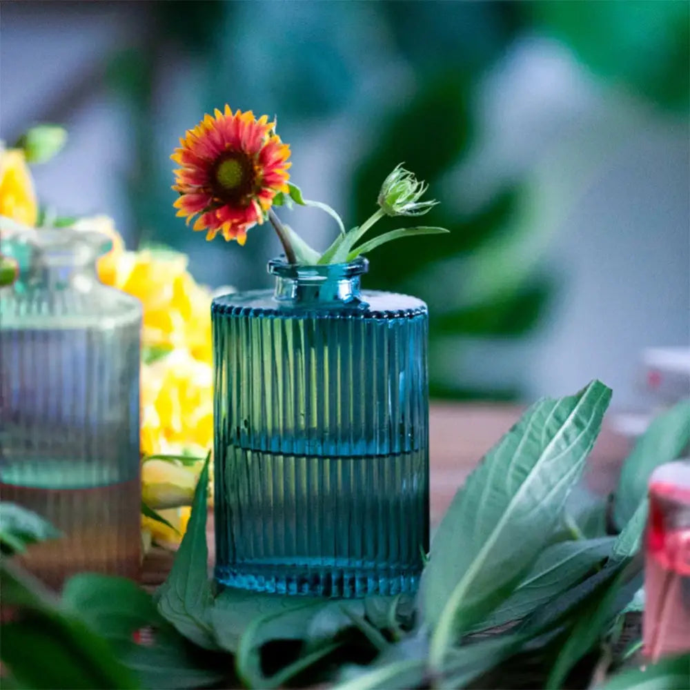 Ornate ribbed multicolor glass vase set living room flower pot