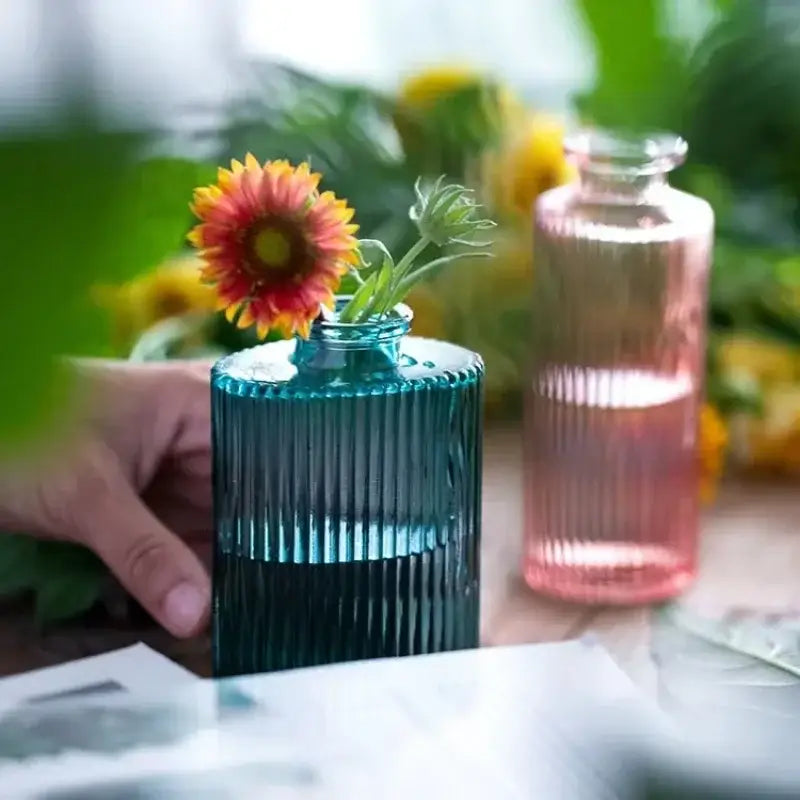 Ornate ribbed multicolor glass vase set living room flower pot