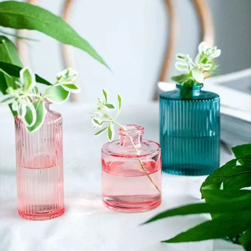Ornate ribbed multicolor glass vase set living room flower pot