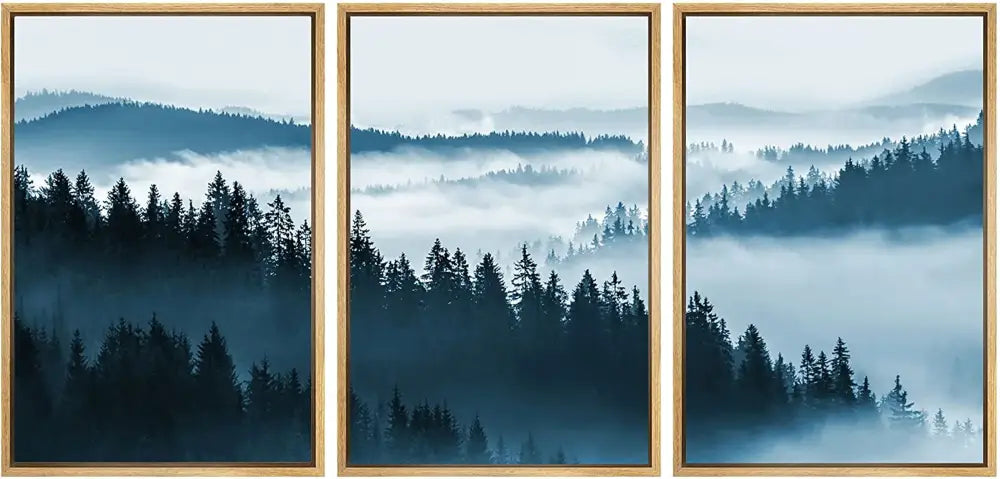 Misty blue & gray forest landscape canvas print set bedroom wall art