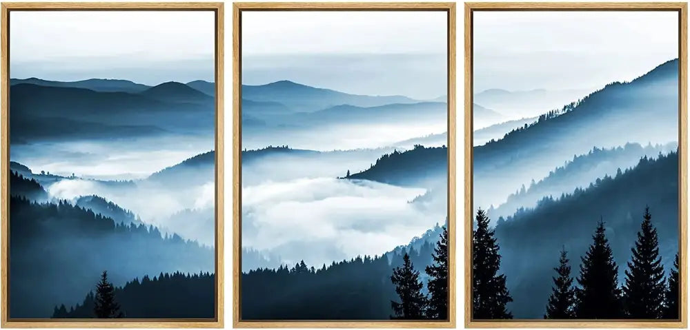 Misty blue & gray forest landscape canvas print set bedroom wall art