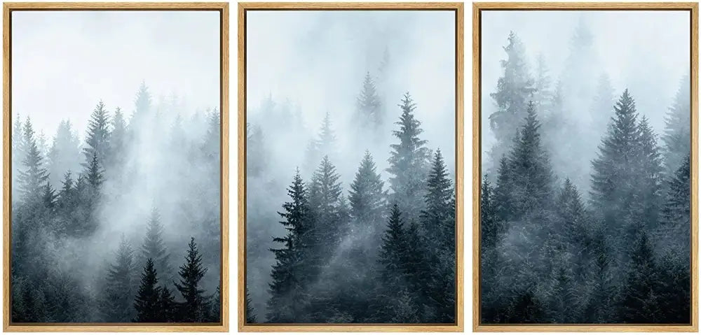 Misty blue & gray forest landscape canvas print set bedroom wall art