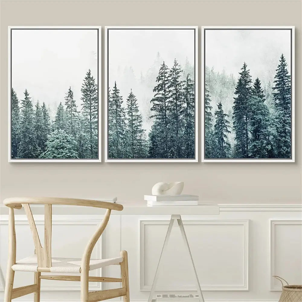 Misty blue & gray forest landscape canvas print set bedroom wall art