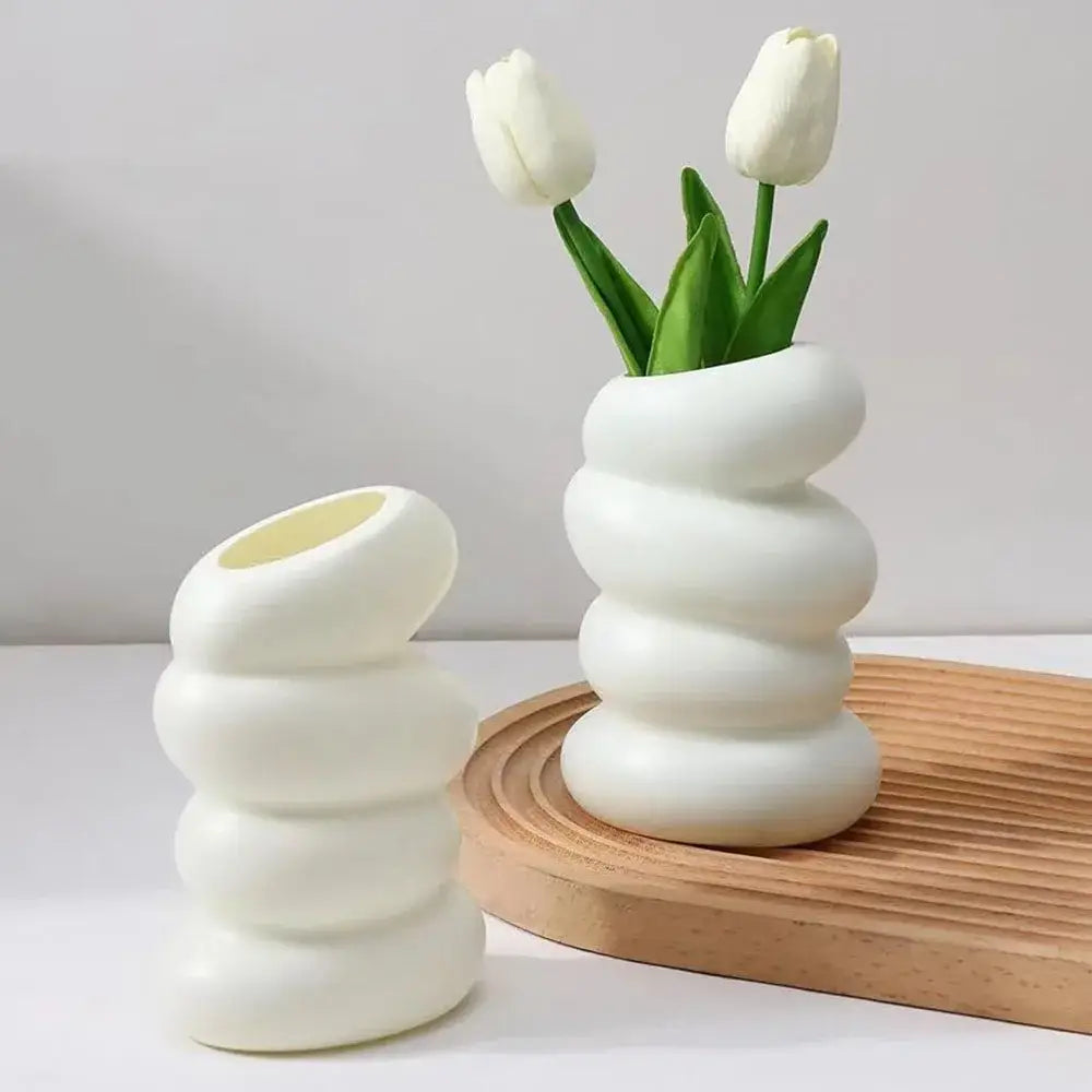 Modern matte white stacked ceramic flower vase living room decor