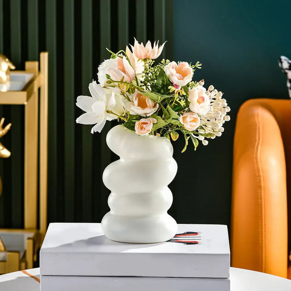 Modern matte white stacked ceramic flower vase living room decor
