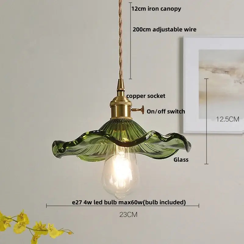 Floral green glass led pendant light kitchen ribbed brass fixture