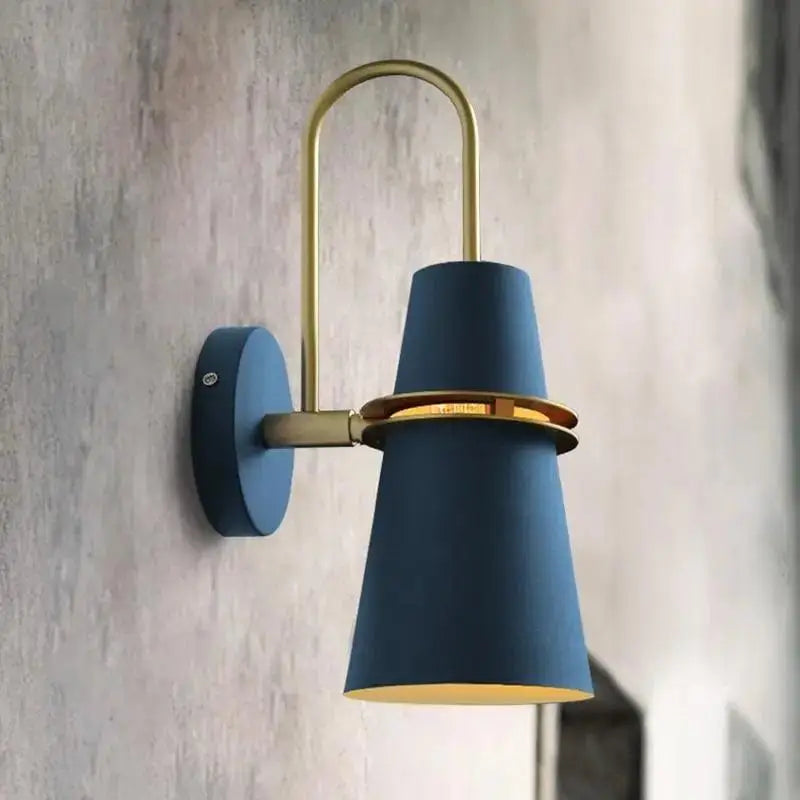 Minimalist blue and brass wall lamp – bedroom conical sconce