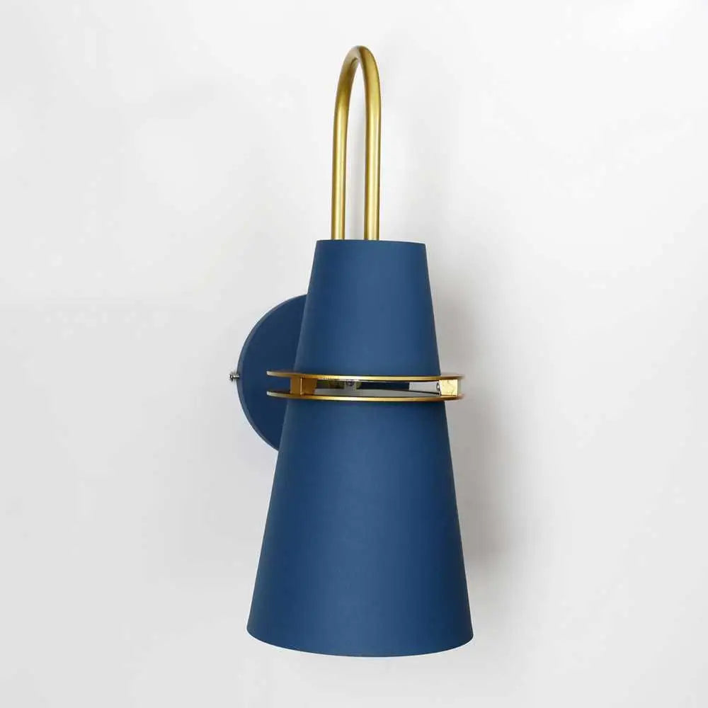 Minimalist blue and brass wall lamp – bedroom conical sconce