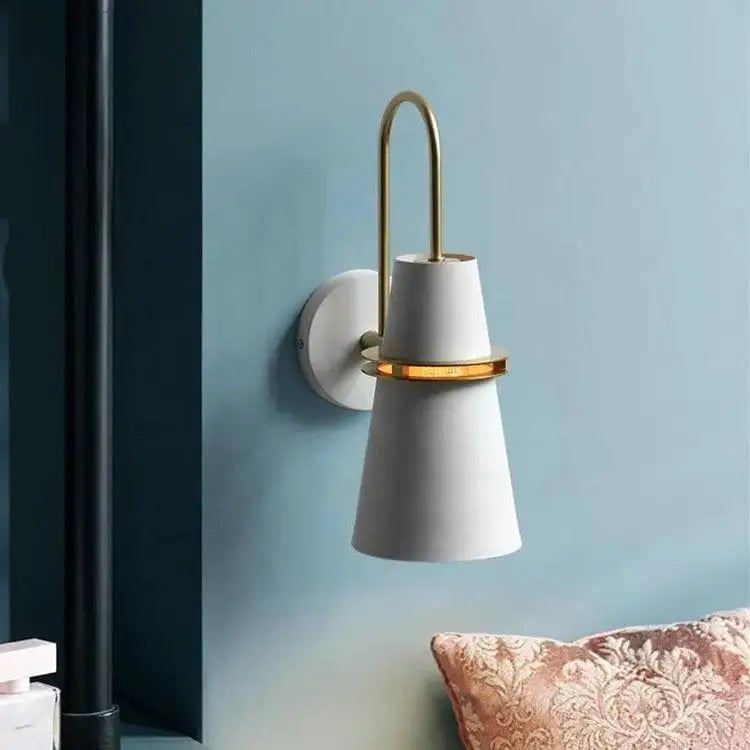 Minimalist blue and brass wall lamp – bedroom conical sconce