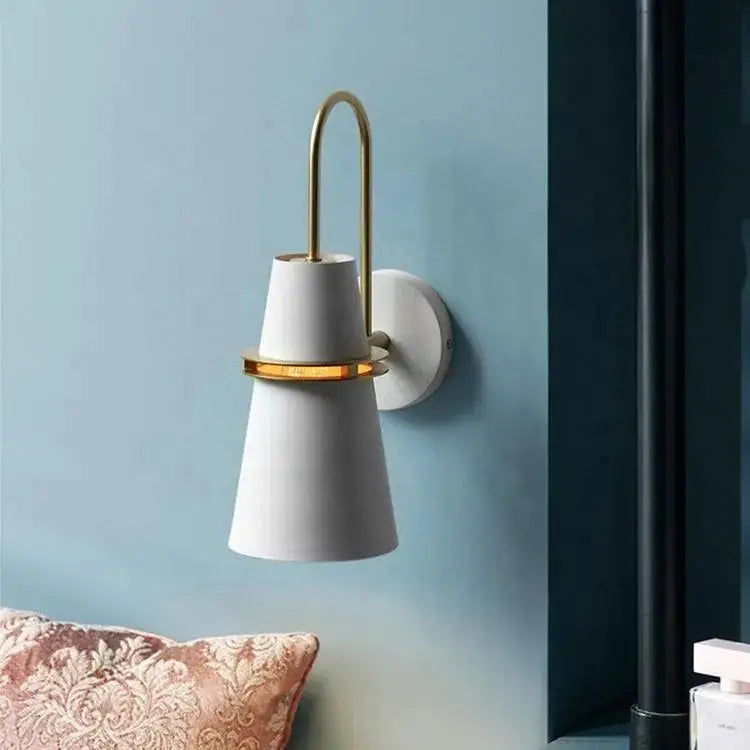 Minimalist blue and brass wall lamp – bedroom conical sconce