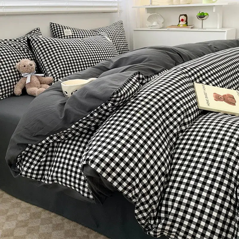 Nordic plaid green cotton bedding set for bedroom comfort