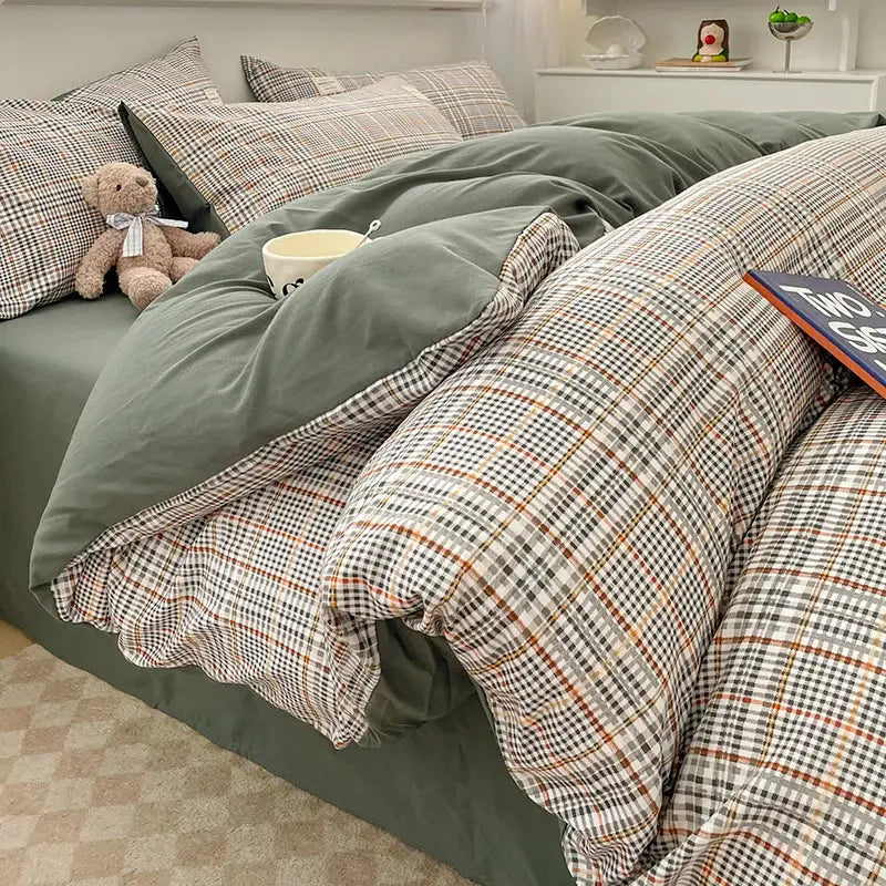 Nordic plaid green cotton bedding set for bedroom comfort