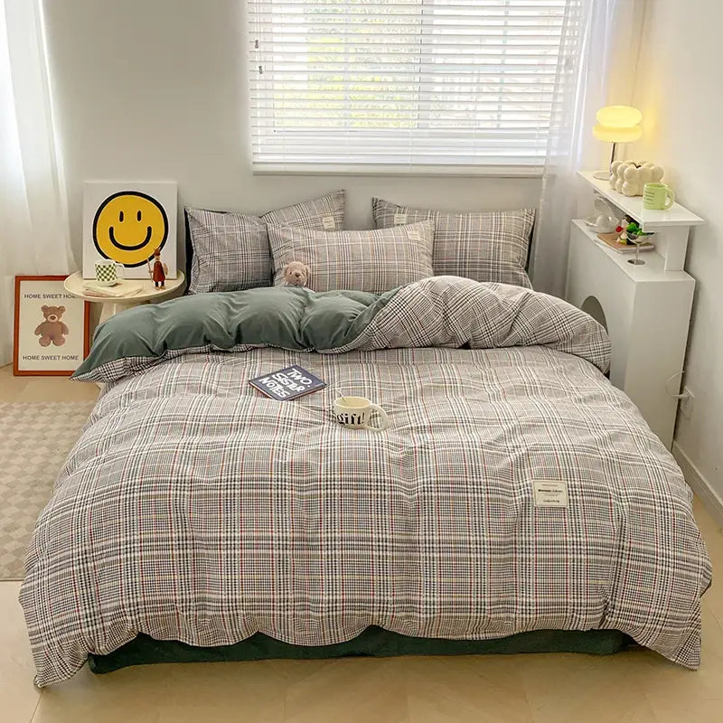 Nordic plaid green cotton bedding set for bedroom comfort