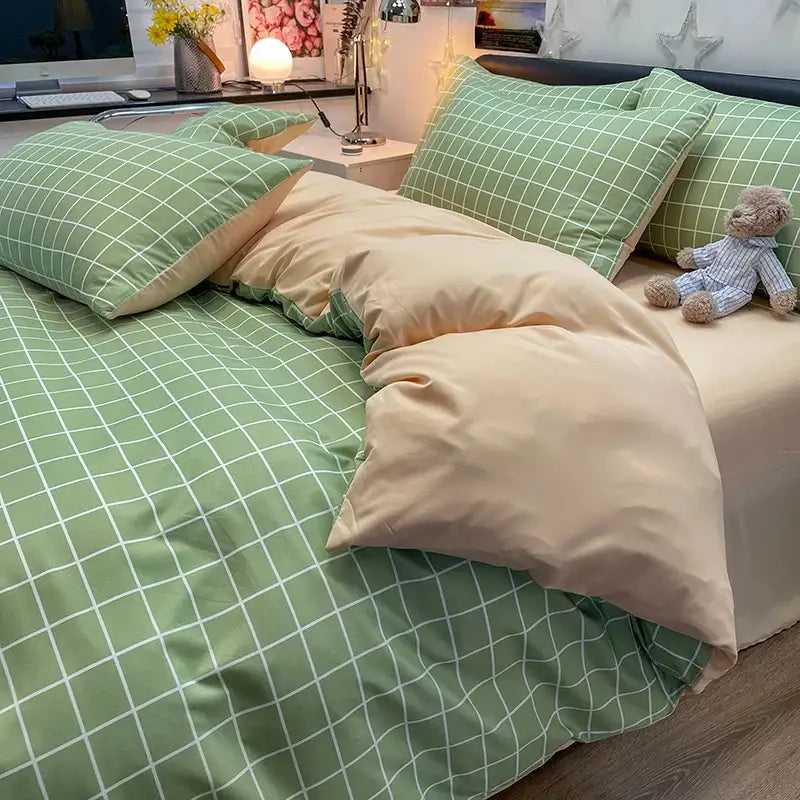 Nordic plaid green cotton bedding set for bedroom comfort