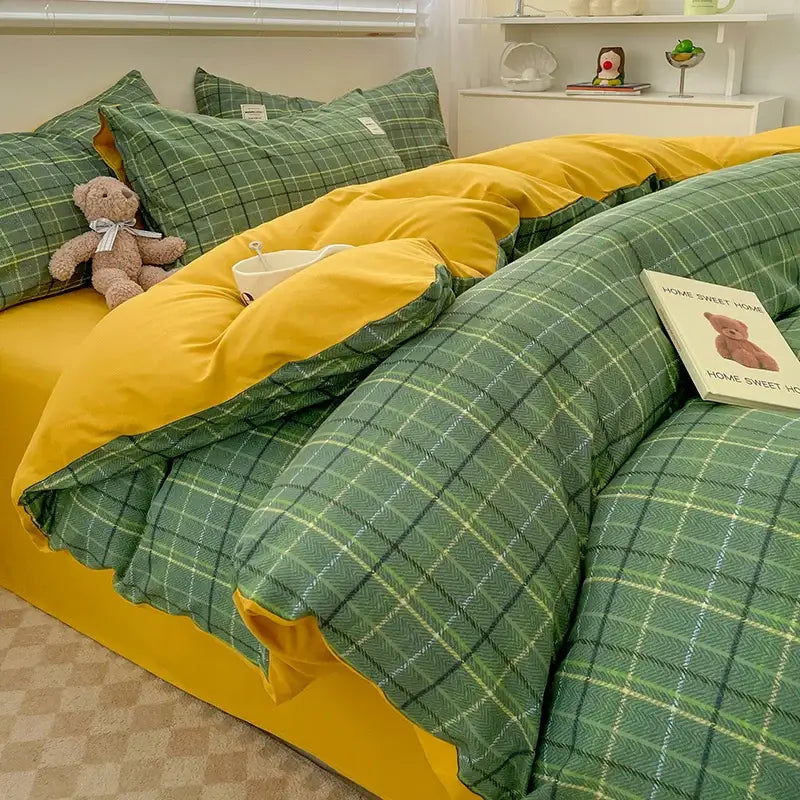 Nordic plaid green cotton bedding set for bedroom comfort
