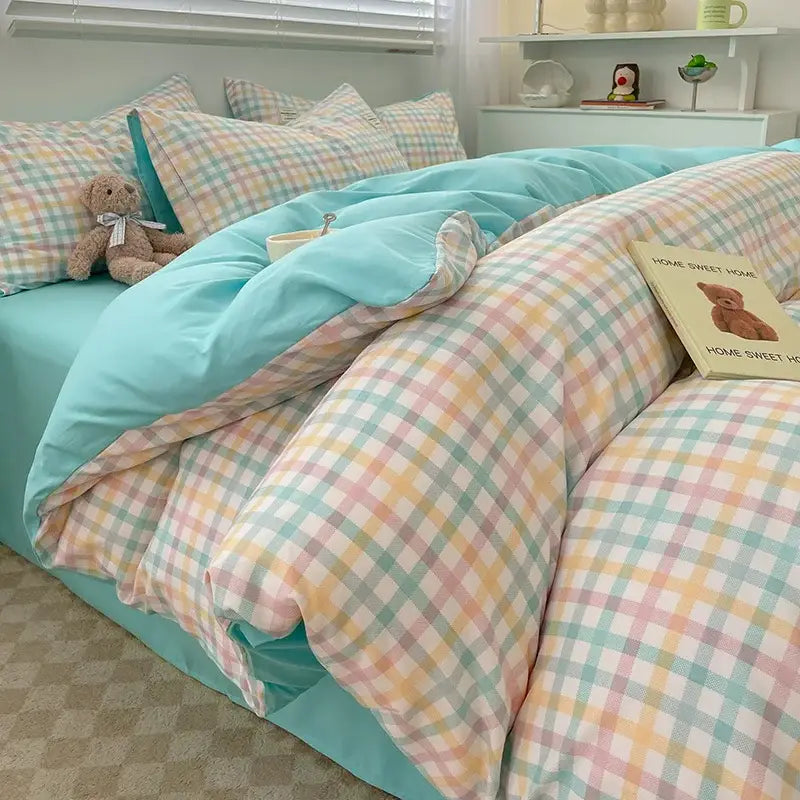 Nordic plaid green cotton bedding set for bedroom comfort