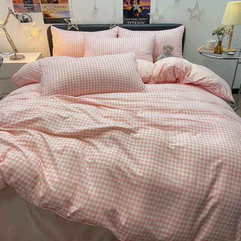 Nordic plaid green cotton bedding set for bedroom comfort