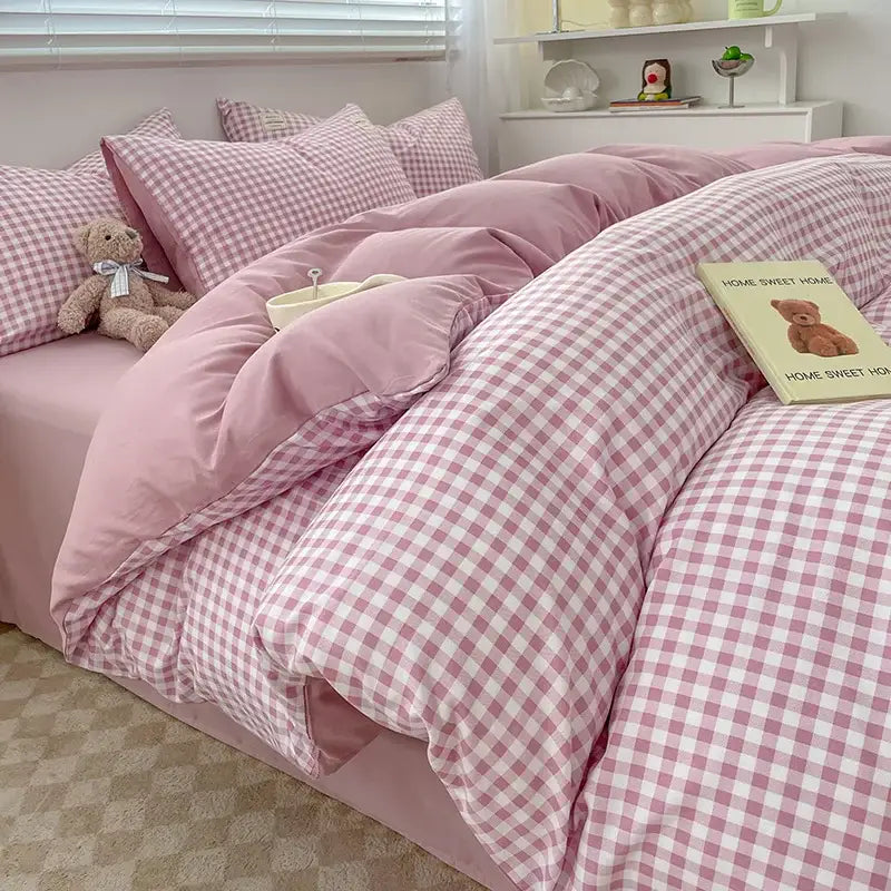 Nordic plaid green cotton bedding set for bedroom comfort