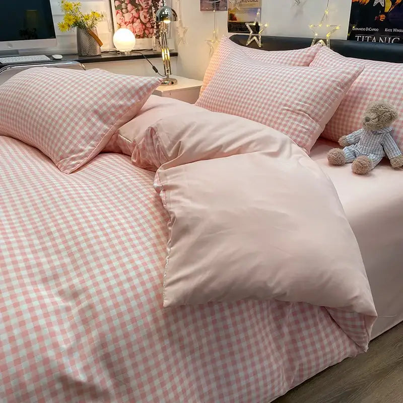 Nordic plaid green cotton bedding set for bedroom comfort