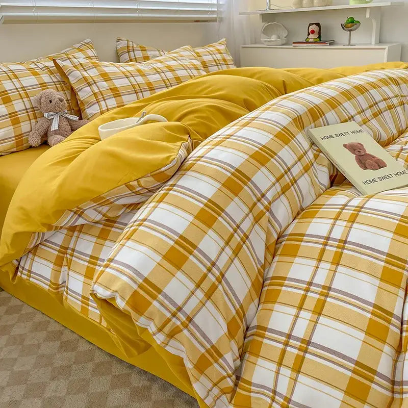 Nordic plaid green cotton bedding set for bedroom comfort