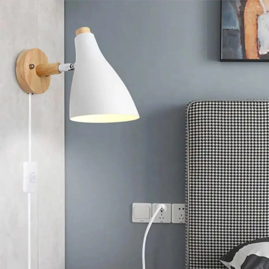 Minimalist white wood wall sconce bedroom majlene plug light