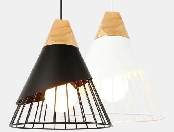 Modern white conical wood hanging lights kitchen wire cage pendant