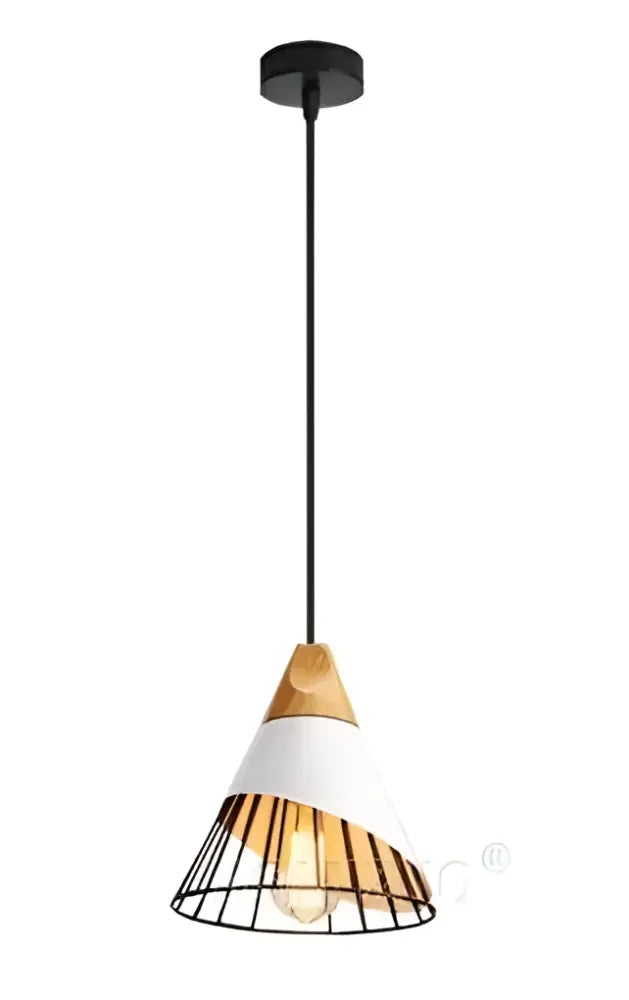 Modern white conical wood hanging lights kitchen wire cage pendant