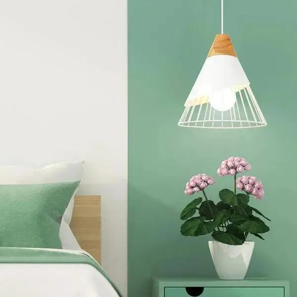 Modern white conical wood hanging lights kitchen wire cage pendant