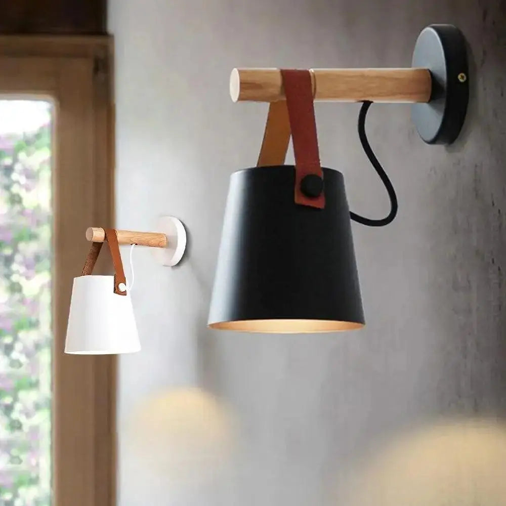 Black matte wooden wall lights with leather strap bedroom sconce