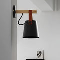 Black matte wooden wall lights with leather strap bedroom sconce