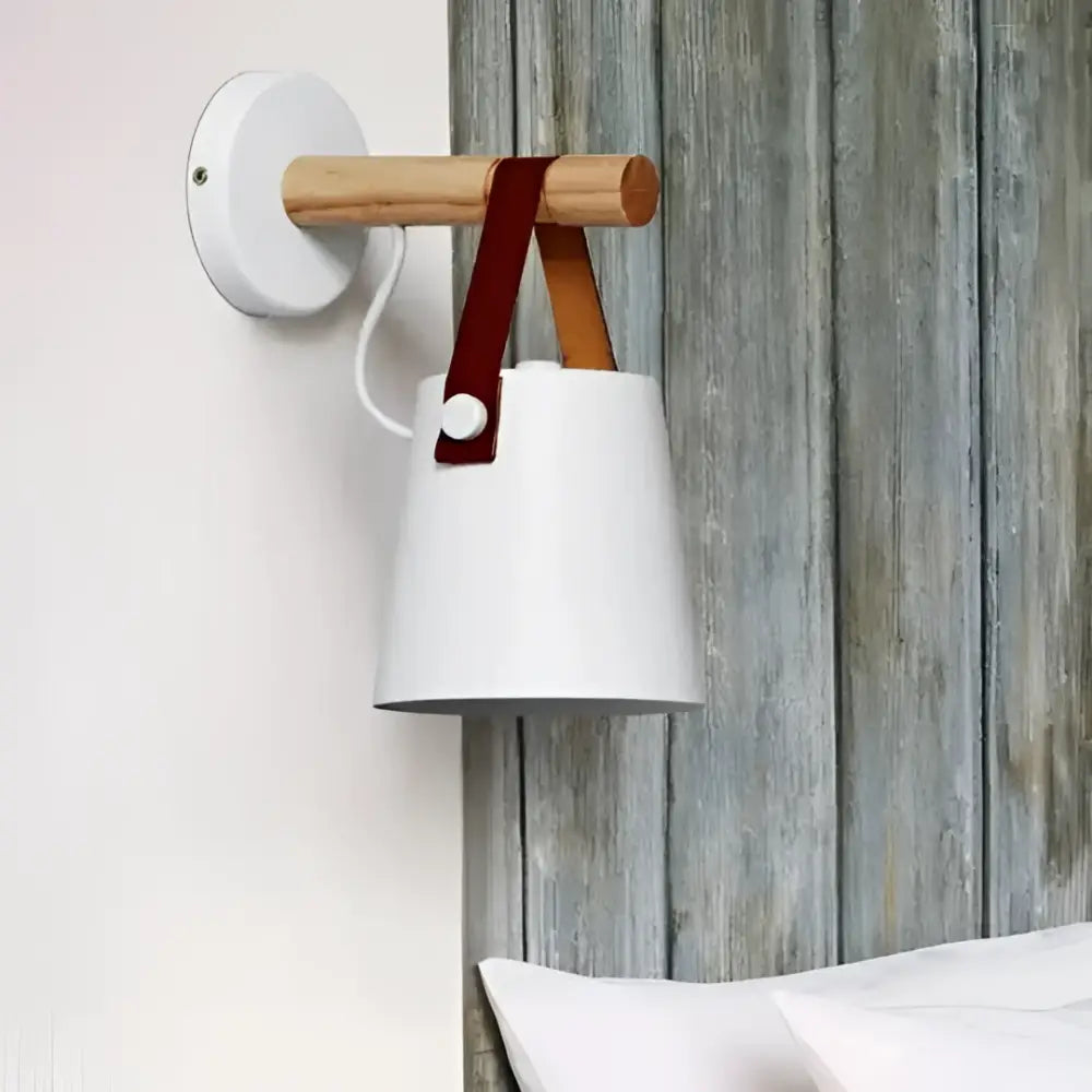 Black matte wooden wall lights with leather strap bedroom sconce
